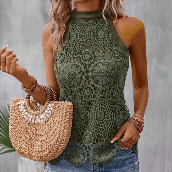 Black Boho Floral Sheer Mesh Lace High Mock Halter Neck Top Blouse Shirt Green - Picture 1 of 13